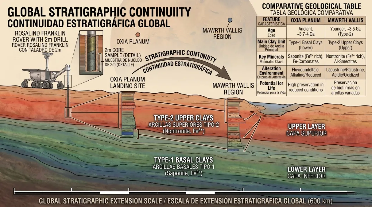 Continuidad estratigráfica entre Oxia Planum y Mawrth Vallis: la gran ventana al pasado habitable de Marte